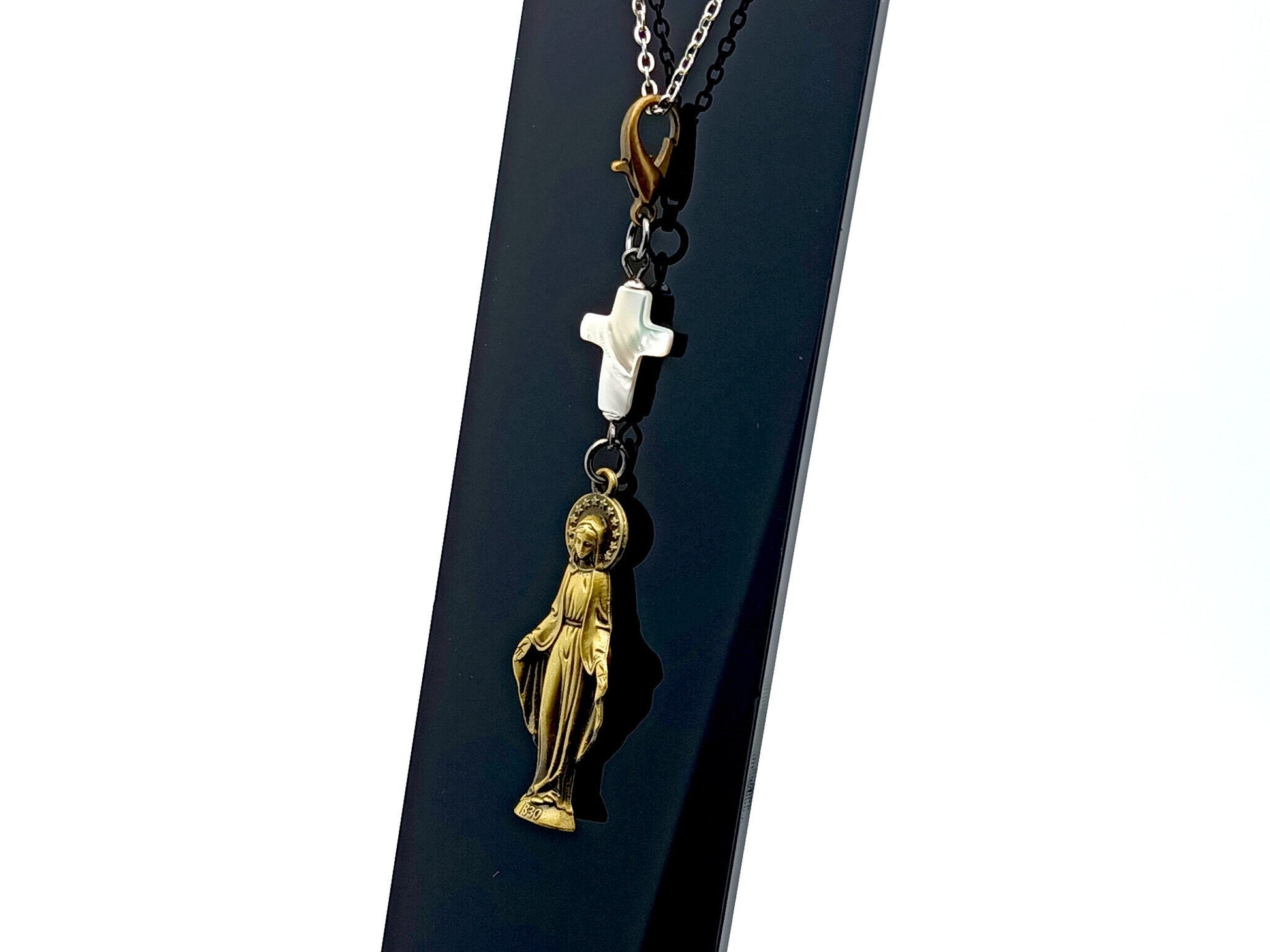 Our Lady of Grace unique rosary beads key fob purse clip with mother of pearl cross and lobster clasp.