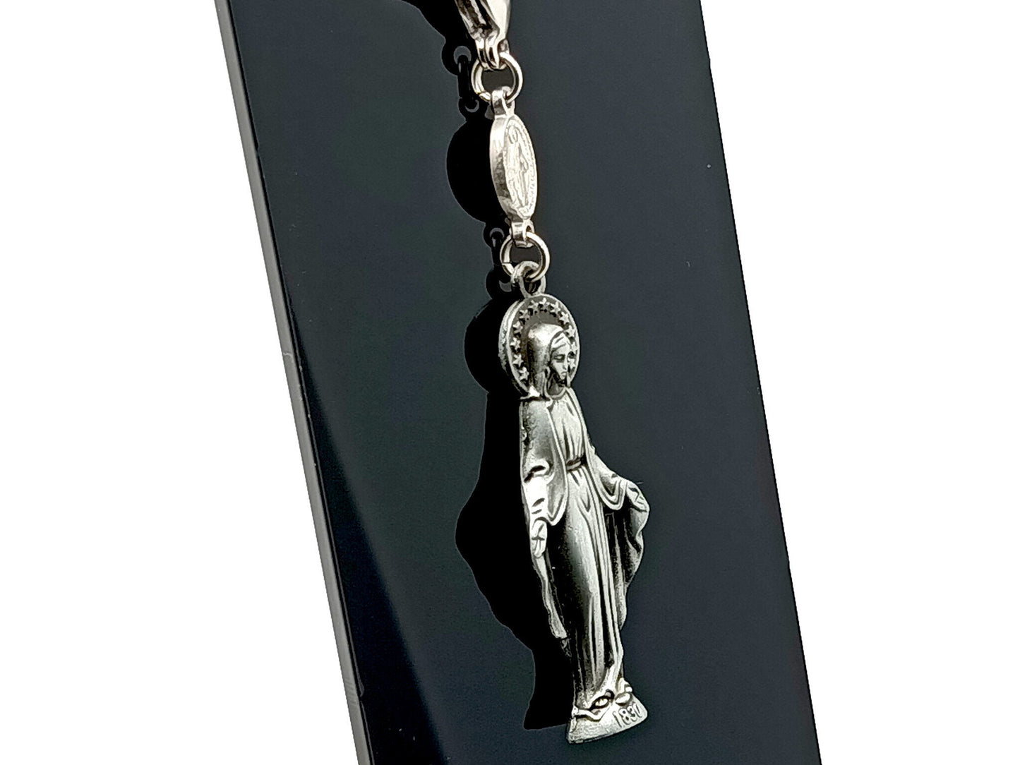 Our Lady of Grace unique rosary beads key fob purse clip in pewter with lobster clasp.