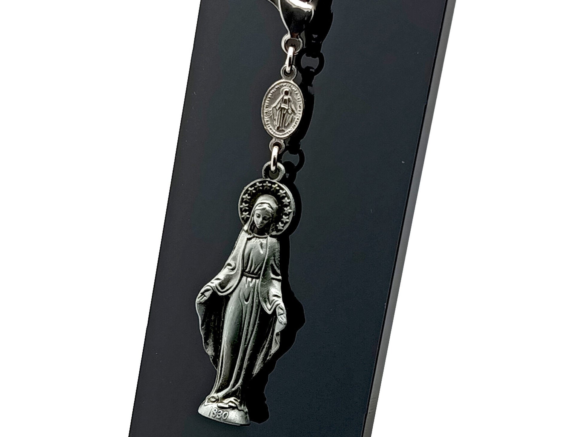 Our Lady of Grace unique rosary beads key fob purse clip in pewter with lobster clasp.