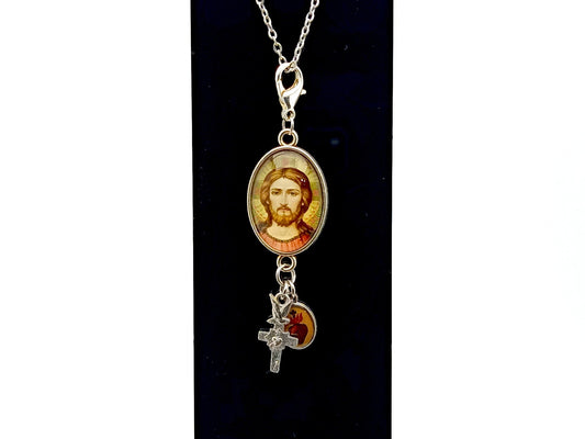 Christ Pantocrator unique rosary beads key fob purse clip with Sacred Heart and cross medals and Holy Spirit cross.