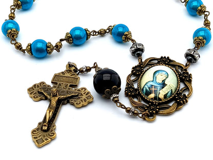 Saint Monica unique rosary beads single decade rosary with blue acrylic and onyx beads, bronze pardon crucifix and centre medal.