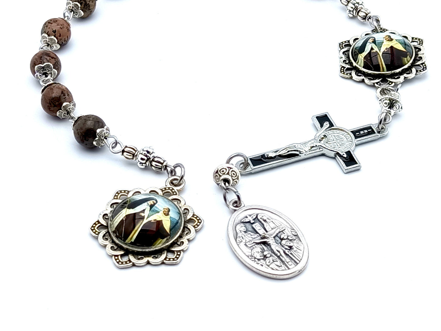 Saint Teresa of Avila unique rosary beads single decade rosary with dark natural gemstone beads, silver and black enamel crucifix and picture centre medal and end medal.