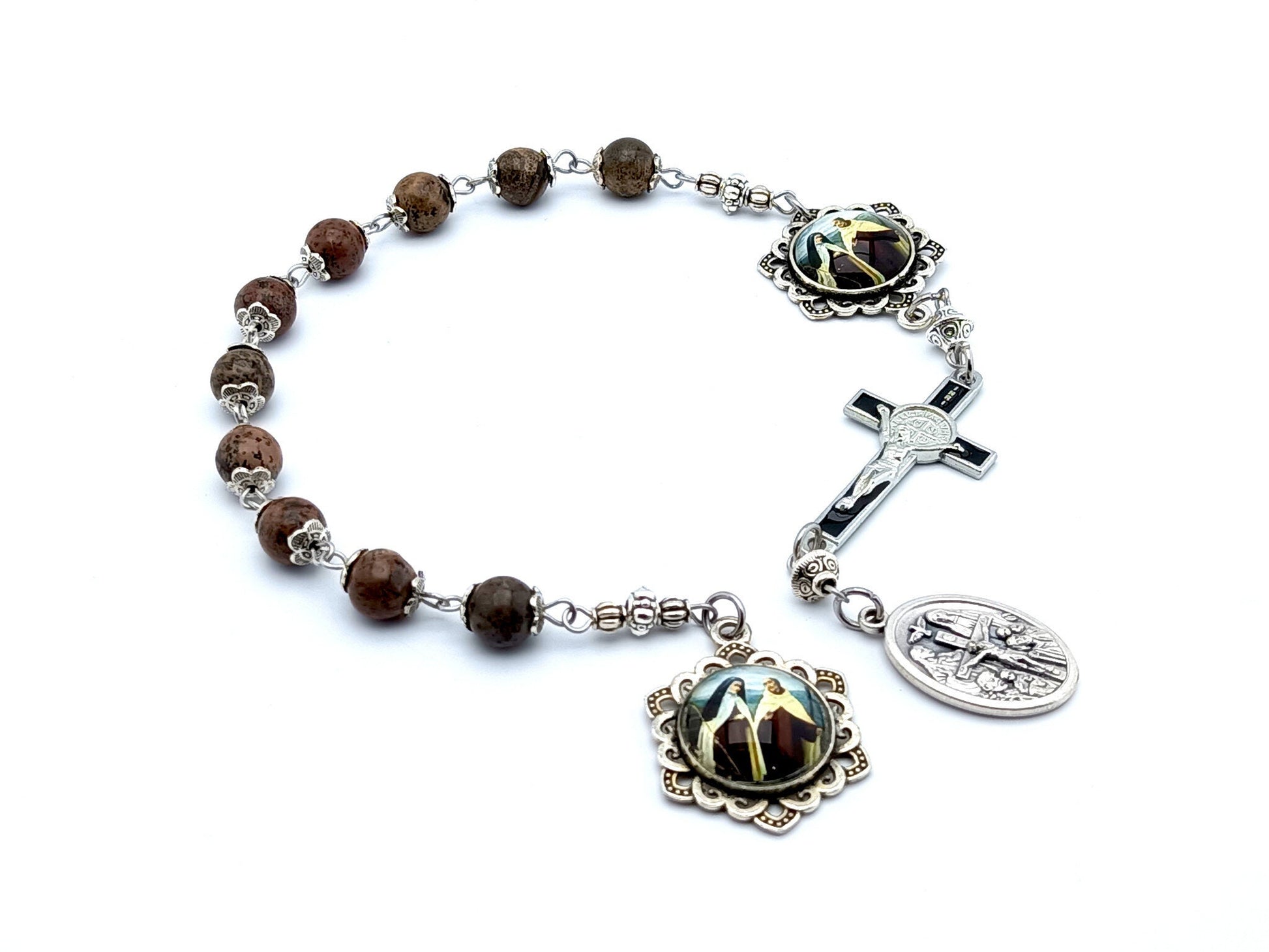 Saint Teresa of Avila unique rosary beads single decade rosary with dark natural gemstone beads, silver and black enamel crucifix and picture centre medal and end medal.