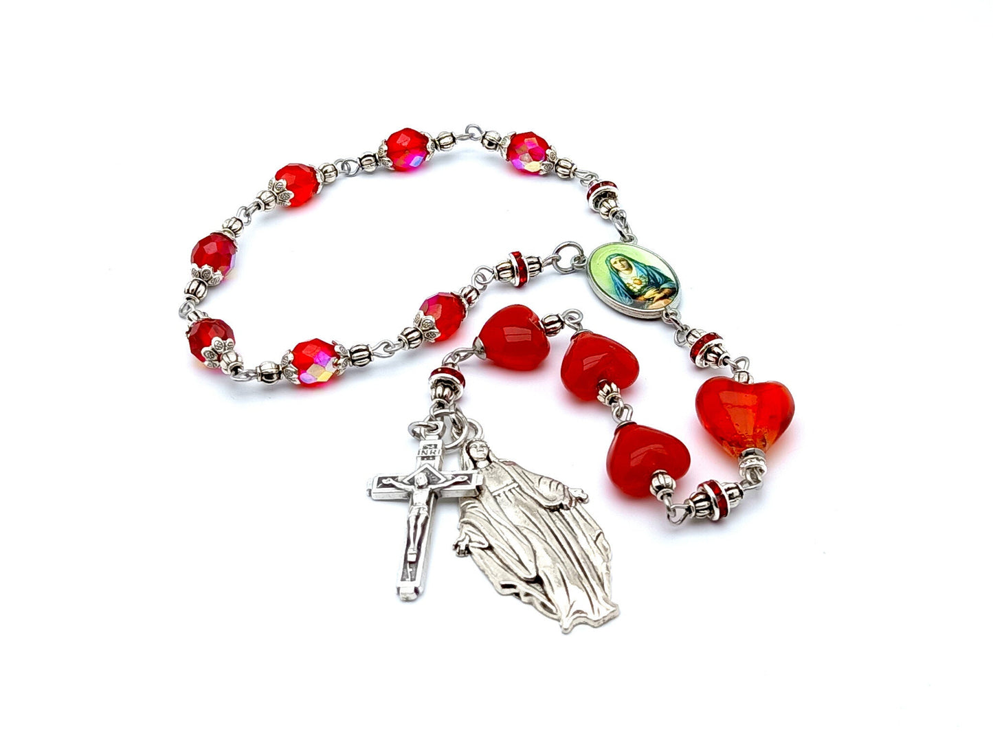 Our Lady of Sorrows unique rosary beads prayer chaplet with red glass heart beads, Our Lady of Grace picture centre medal and metal end medal.