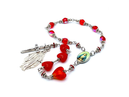 Our Lady of Sorrows unique rosary beads prayer chaplet with red glass heart beads, Our Lady of Grace picture centre medal and metal end medal.