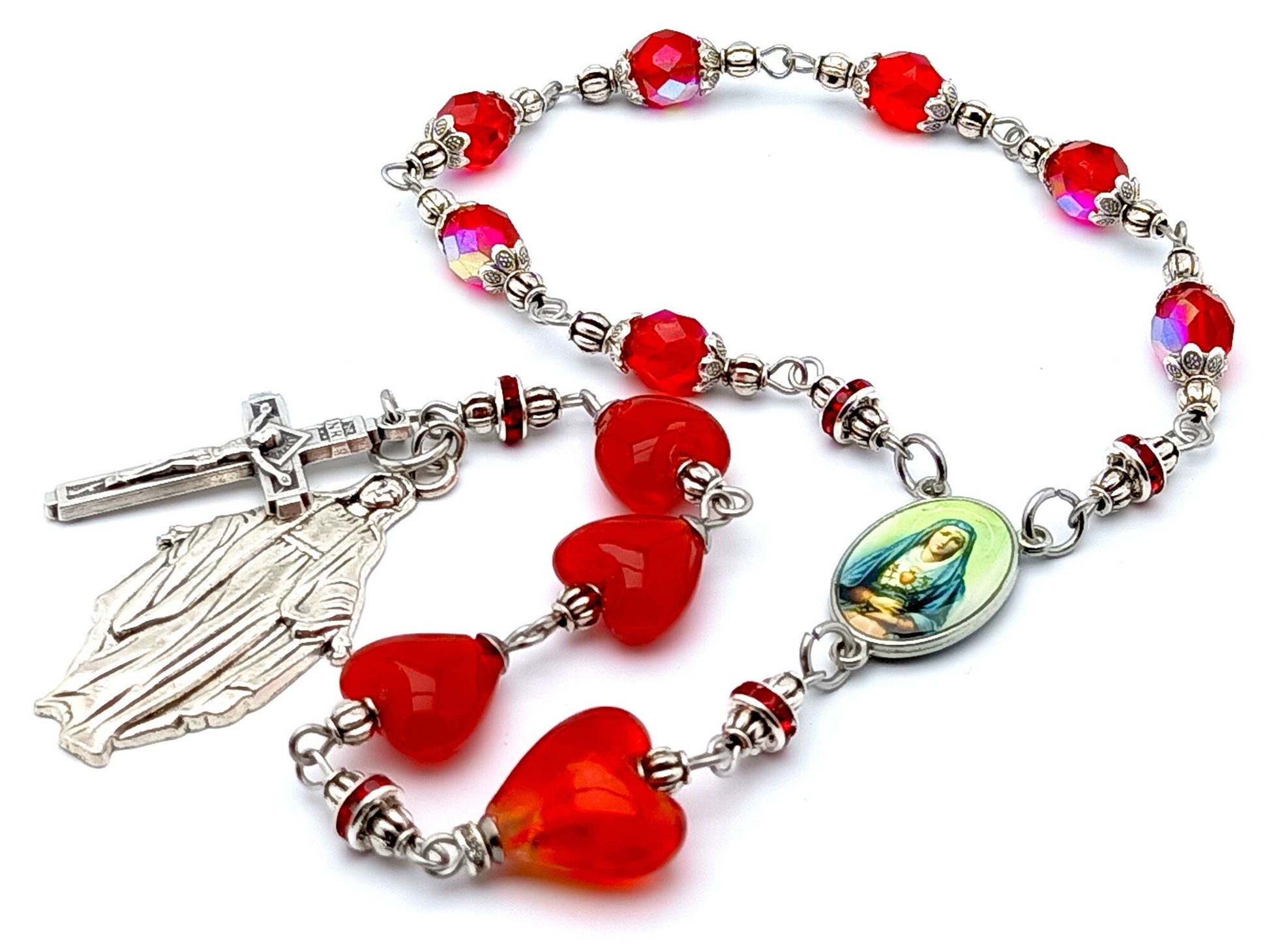 Our Lady of Sorrows unique rosary beads prayer chaplet with red glass heart beads, Our Lady of Grace picture centre medal and metal end medal.