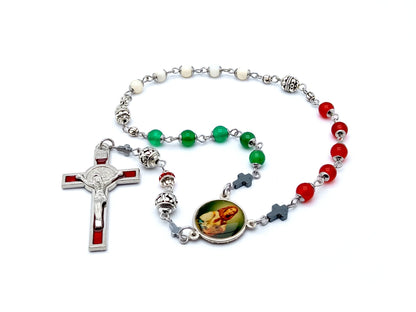 Saint Dymphna unique rosary beads prayer chaplet with red jasper, green jade and mother of pearl beads, stainless steel picture medal and red enamel crucifix.