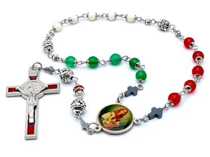 Saint Dymphna unique rosary beads prayer chaplet with red jasper, green jade and mother of pearl beads, stainless steel picture medal and red enamel crucifix.