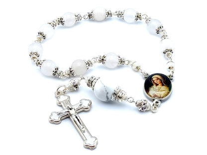 Our Lady and Holy Spirit unique rosary beads single decade rosary with opal and white gemstone beads, silver and white enamel crucifix and picture centre medal.