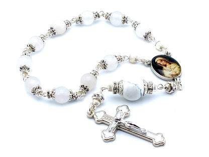 Our Lady and Holy Spirit unique rosary beads single decade rosary with opal and white gemstone beads, silver and white enamel crucifix and picture centre medal.