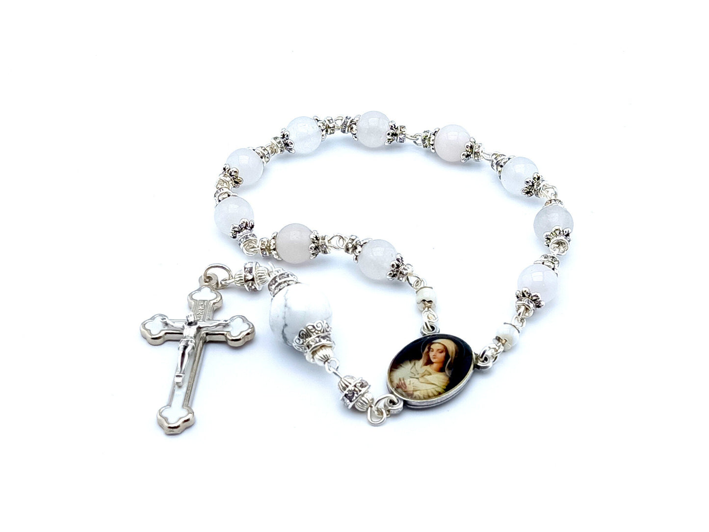 Our Lady and Holy Spirit unique rosary beads single decade rosary with opal and white gemstone beads, silver and white enamel crucifix and picture centre medal.