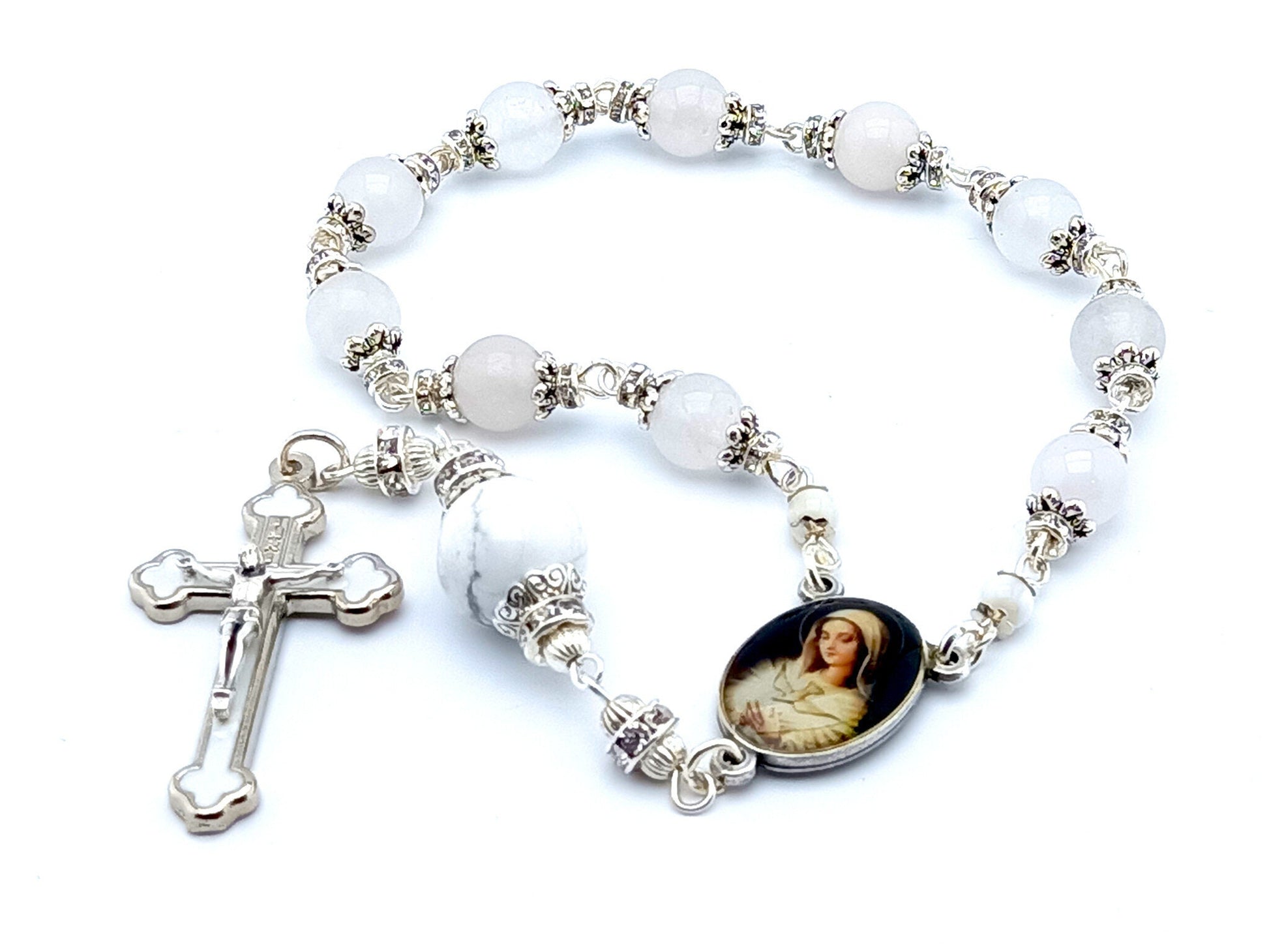 Our Lady and Holy Spirit unique rosary beads single decade rosary with opal and white gemstone beads, silver and white enamel crucifix and picture centre medal.