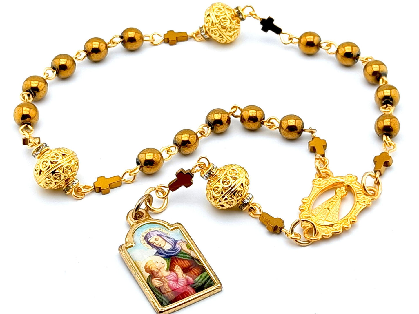 Saint Ann unique rosary beads prayer chaplet with golden hematite and filligree beads, golden centre medal and picture end medal.