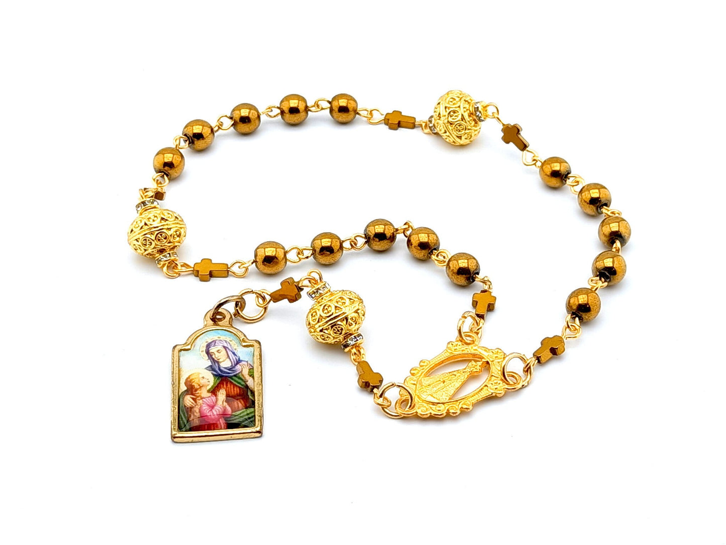 Saint Ann unique rosary beads prayer chaplet with golden hematite and filligree beads, golden centre medal and picture end medal.