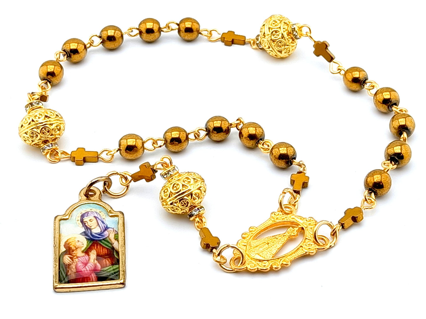 Saint Ann unique rosary beads prayer chaplet with golden hematite and filligree beads, golden centre medal and picture end medal.