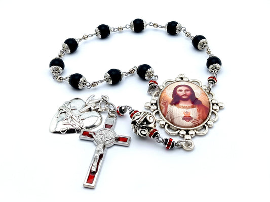 Sacred Heart of Jesus unique rosary beads single decade rosary with onyx gemstone and silver beads, silver and red enamel crucifix and Sacred Heart medals.