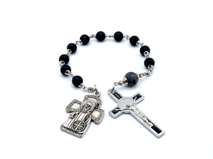 Saint Benedict unique rosary beads single decade rosary with onyx gemstone beads. Silver and black enamel crucifix and end medal.