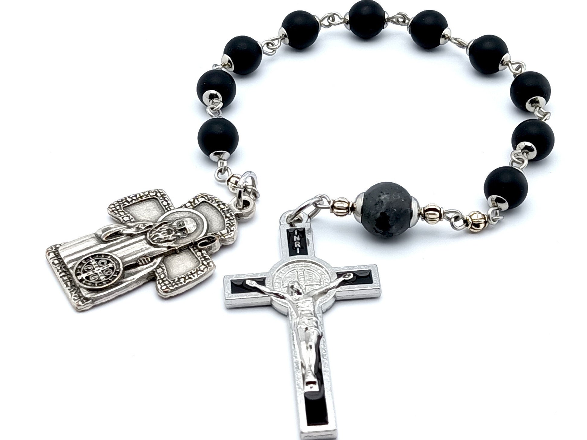 Saint Benedict unique rosary beads single decade rosary with onyx gemstone beads. Silver and black enamel crucifix and end medal.