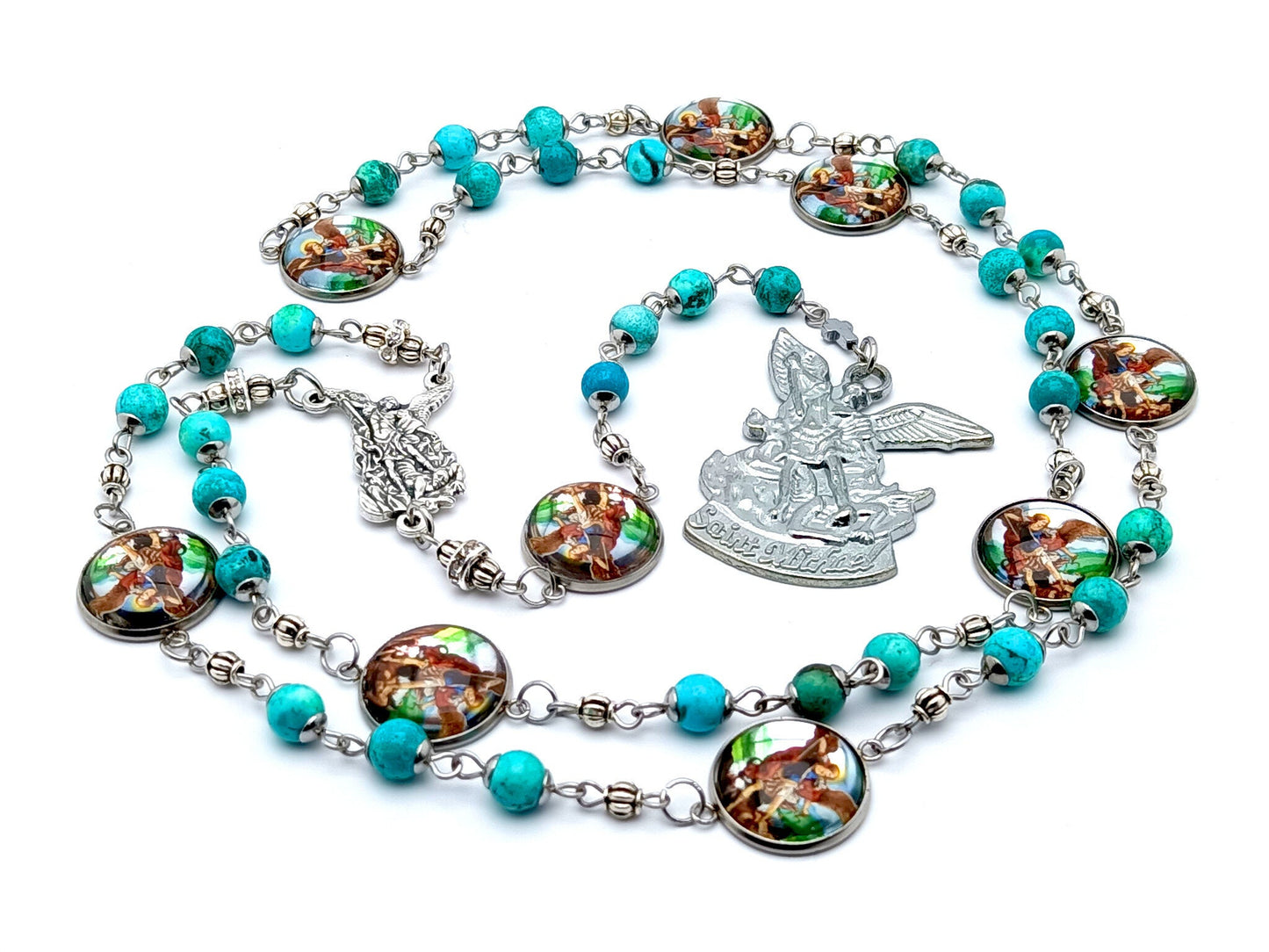 Saint Michael unique rosary beads prayer chaplet with turquoise gemstone and picture medal beads, silver centre and end medals
