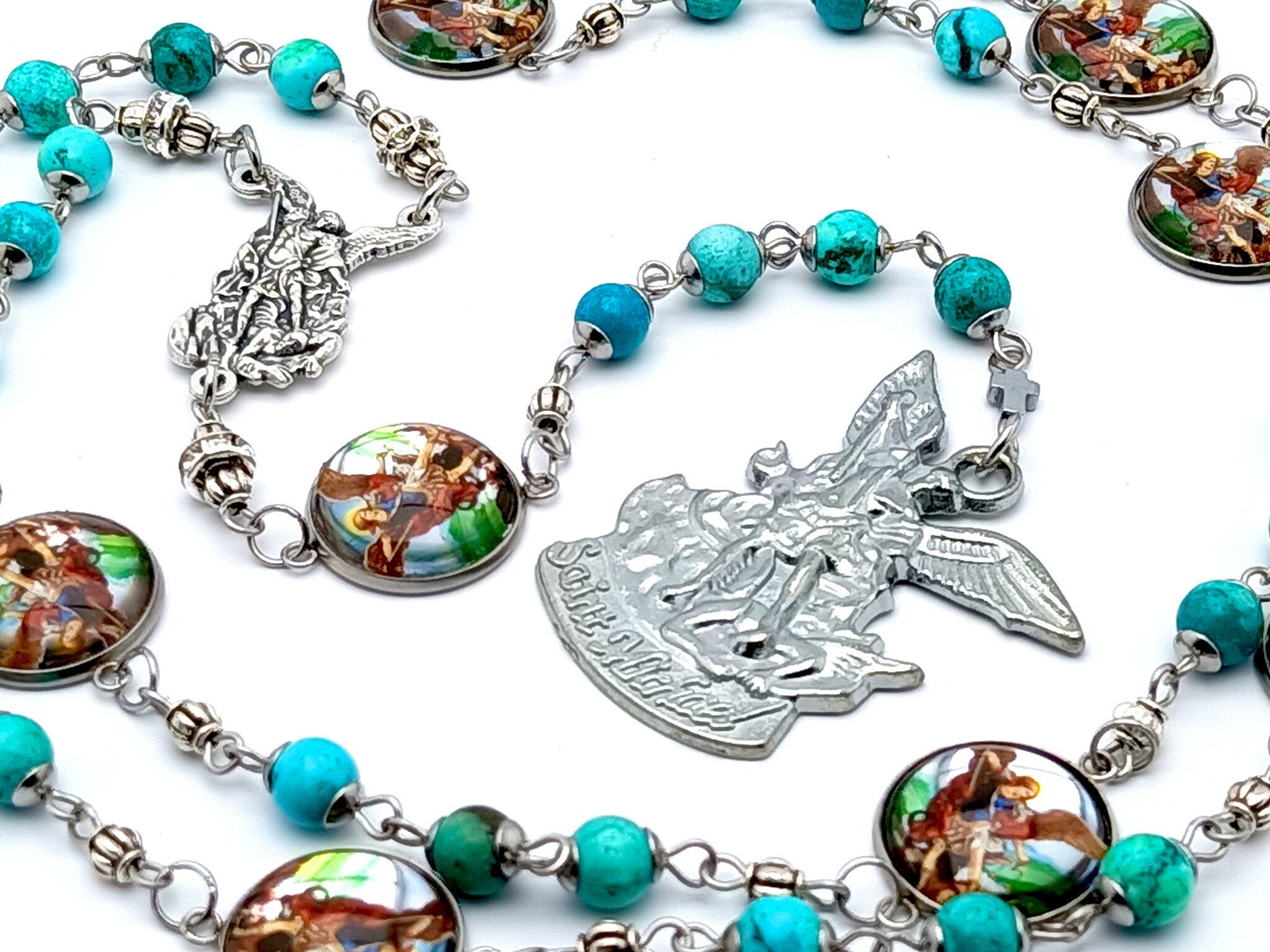 Saint Michael unique rosary beads prayer chaplet with turquoise gemstone and picture medal beads, silver centre and end medals