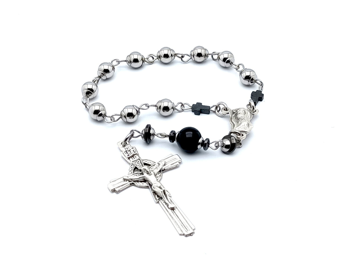 Crown of Thorns unqiue rosary beads single decade rosary with stainless steel and hematite beads, silver Crown of Thorns crucifix and centre medal.