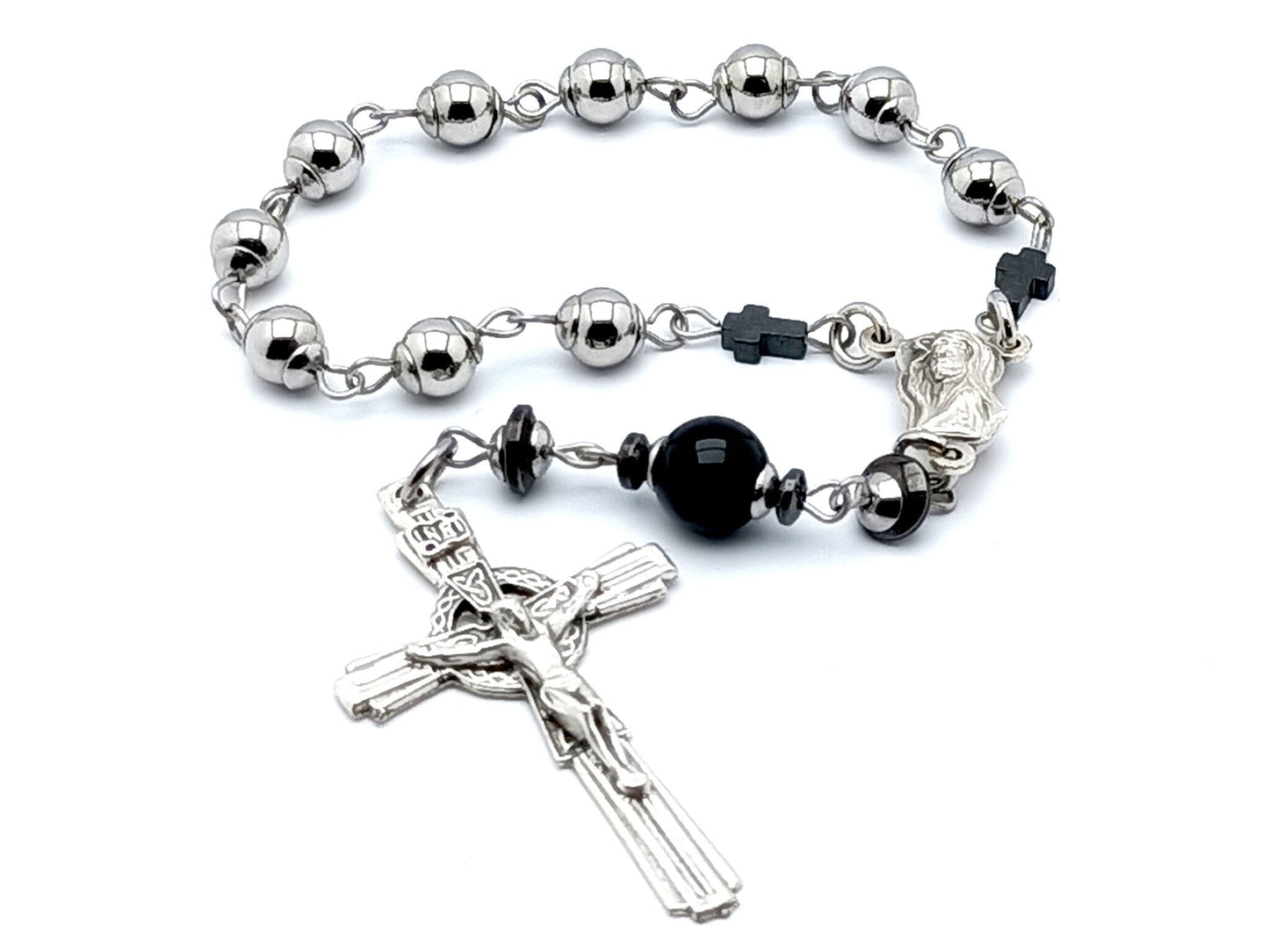 Crown of Thorns unqiue rosary beads single decade rosary with stainless steel and hematite beads, silver Crown of Thorns crucifix and centre medal.