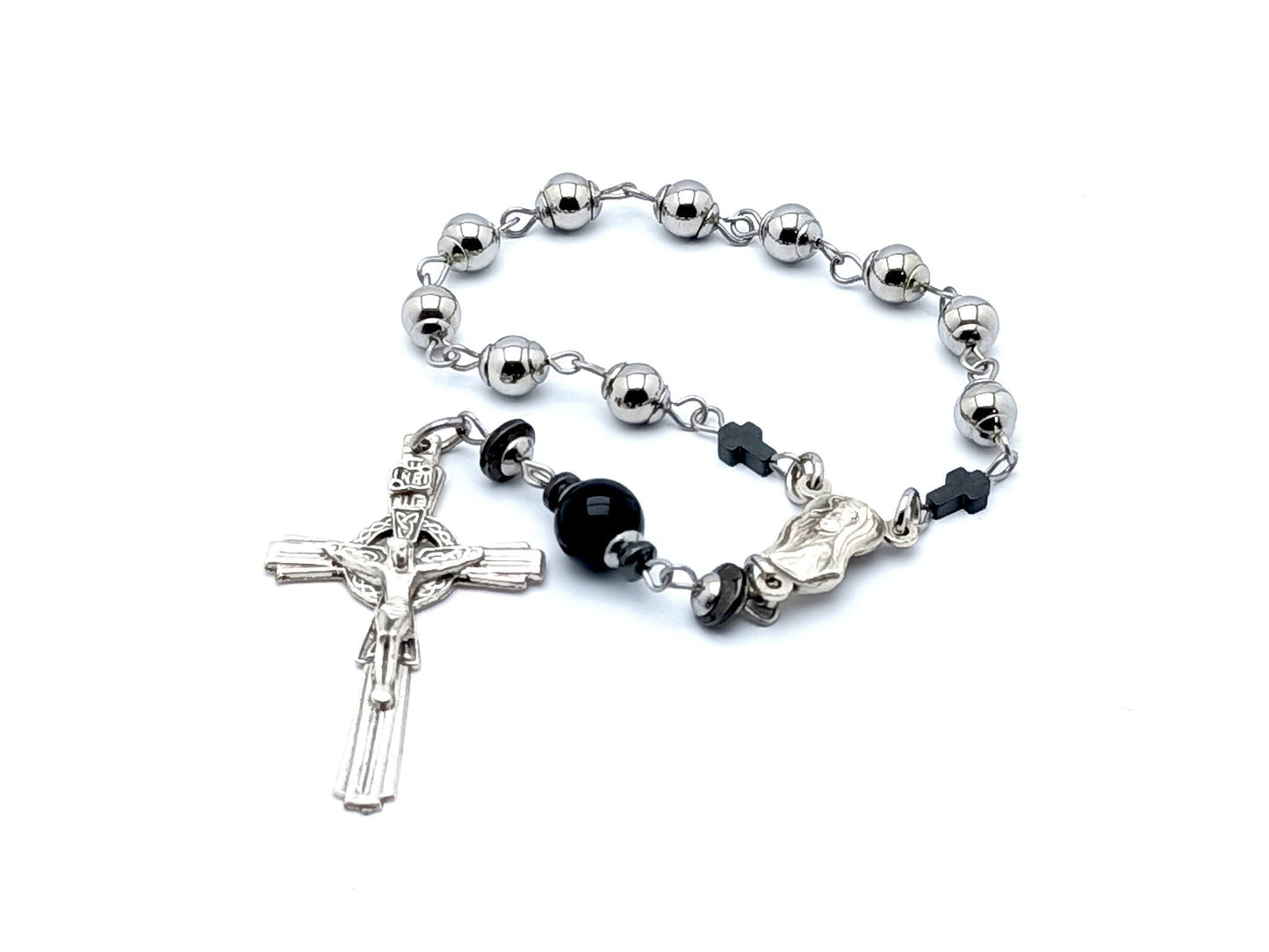 Crown of Thorns unqiue rosary beads single decade rosary with stainless steel and hematite beads, silver Crown of Thorns crucifix and centre medal.