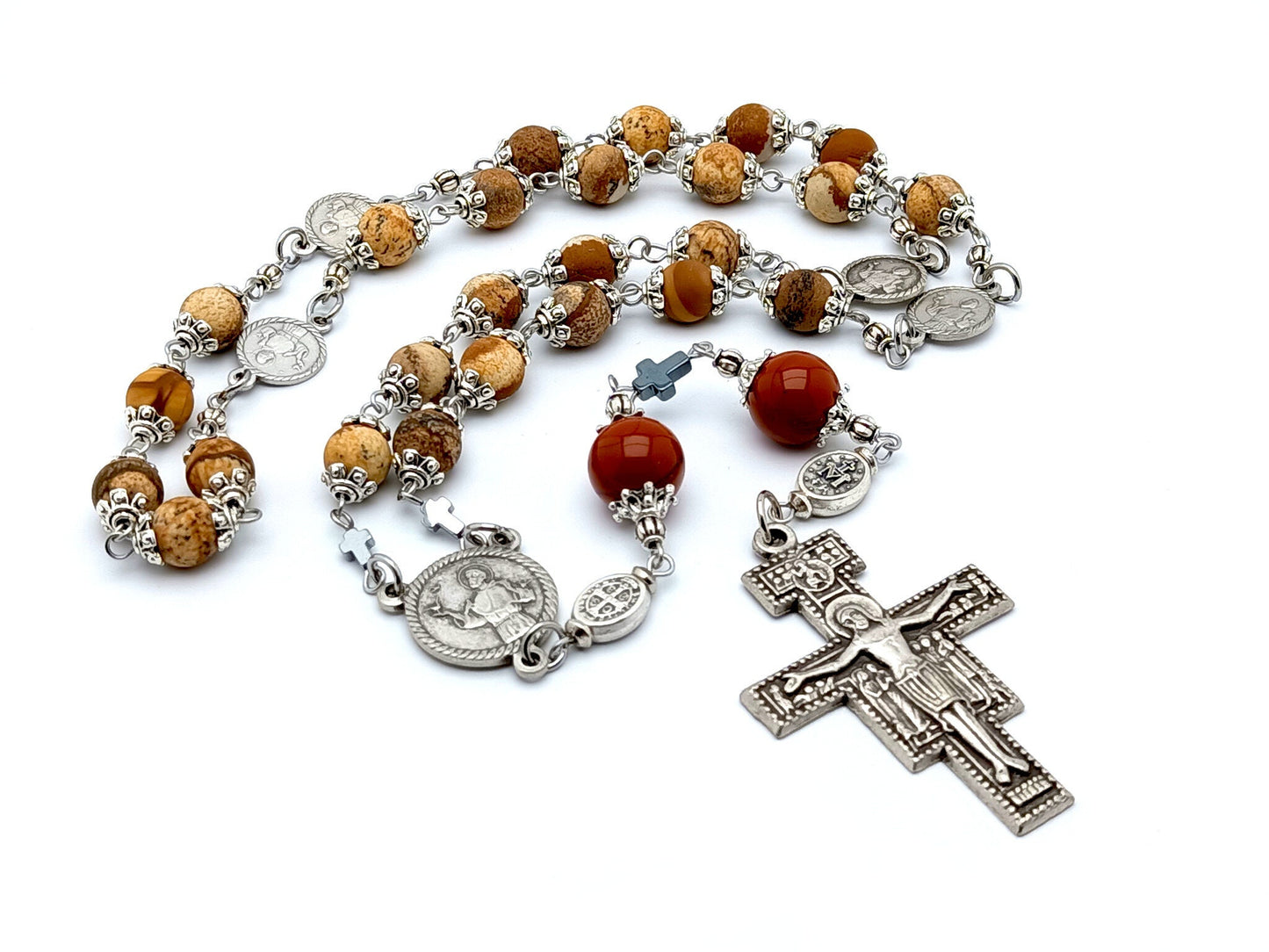 Saint Francis of Assisi unique rosary beads prayer chaplet with natural gemstone and stainless steel beads silver crucifix and centre medal.