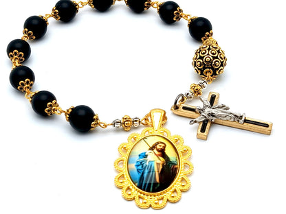 The Good Shepherd unique rosary beads single decade rosary with onyx gemstone and golden beads, golden and black enamel Ressurection crucifix and picture medal.