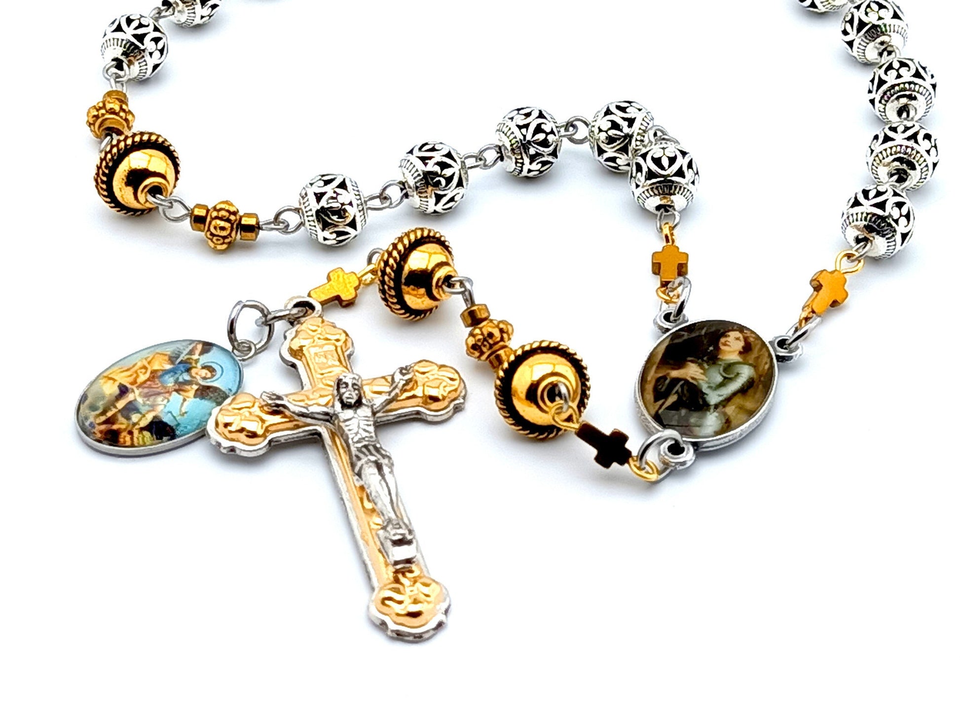 Saint Joan of Arc unique rosary beads prayer chaplet with silver and golden beads, suilver and gold crucifixand picture medals.