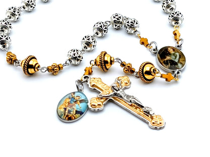 Saint Joan of Arc unique rosary beads prayer chaplet with silver and golden beads, suilver and gold crucifixand picture medals.