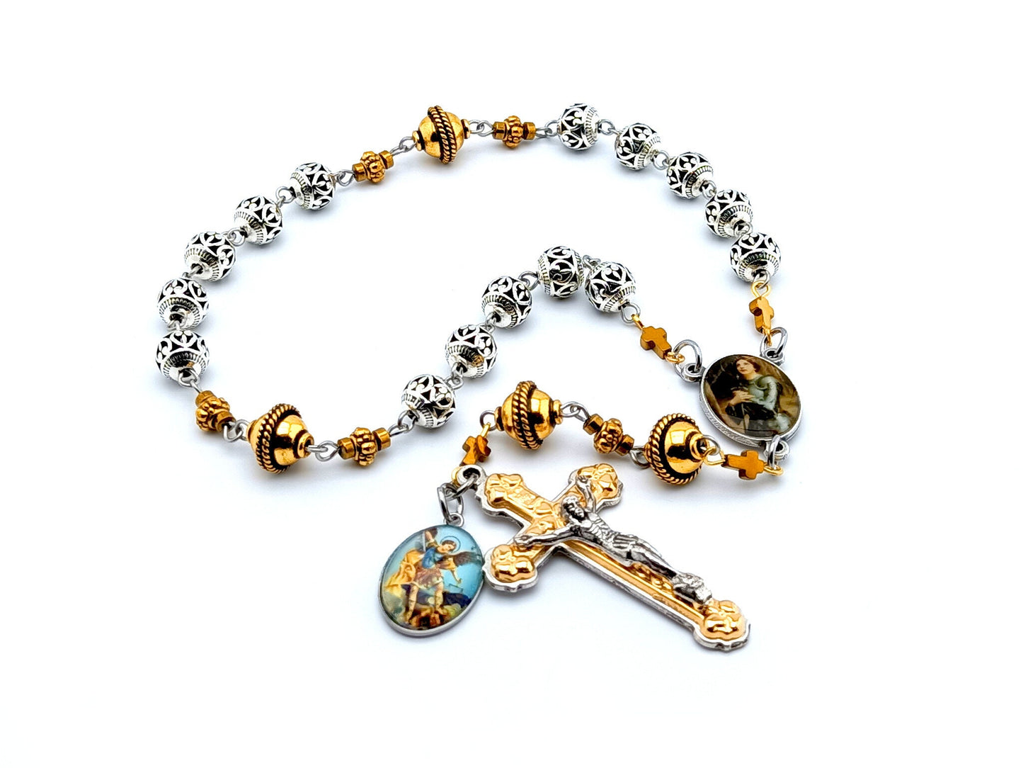 Saint Joan of Arc unique rosary beads prayer chaplet with silver and golden beads, suilver and gold crucifixand picture medals.