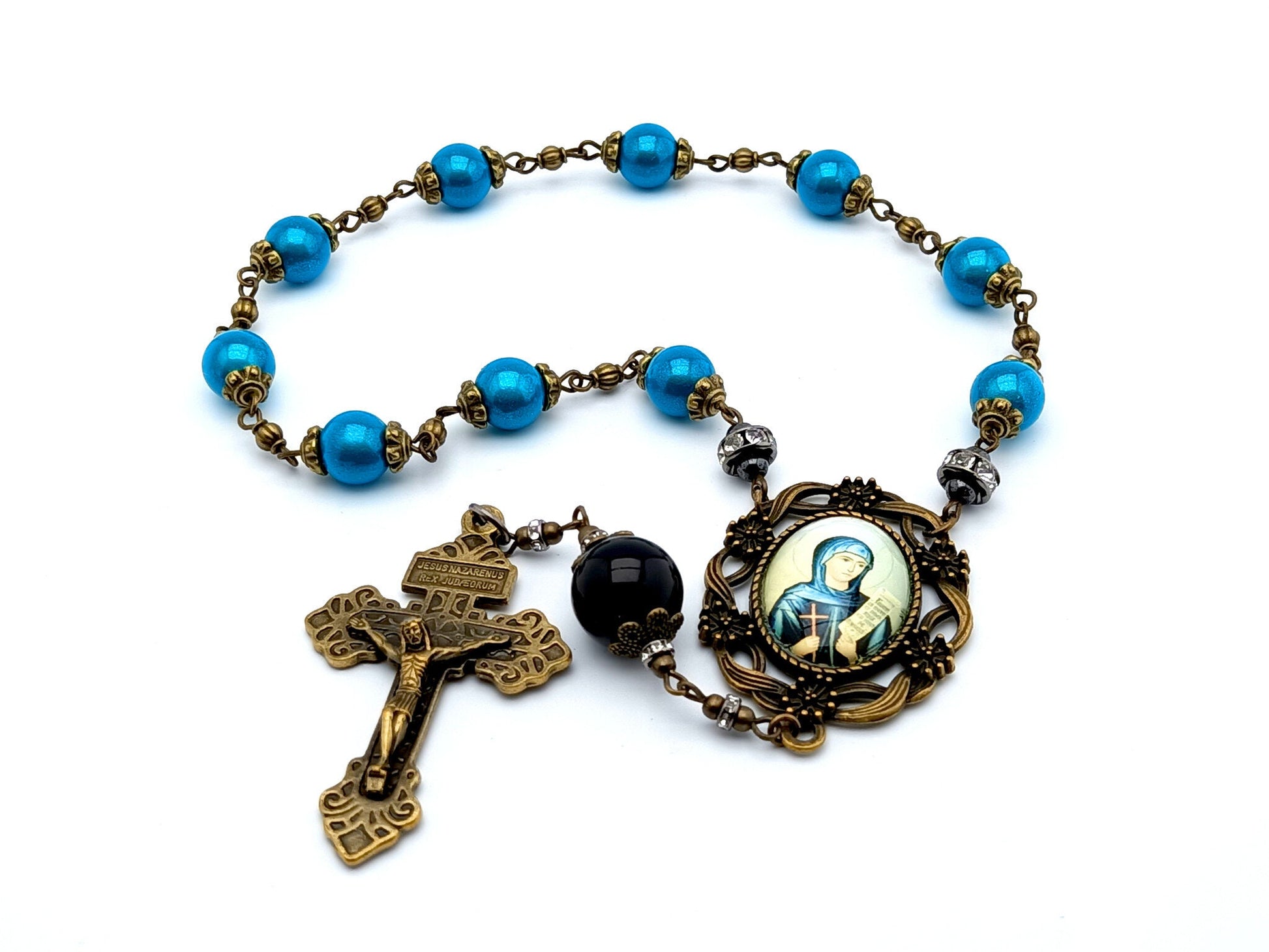 Saint Monica unique rosary beads single decade rosary with blue acrylic and onyx beads, bronze pardon crucifix and centre medal.