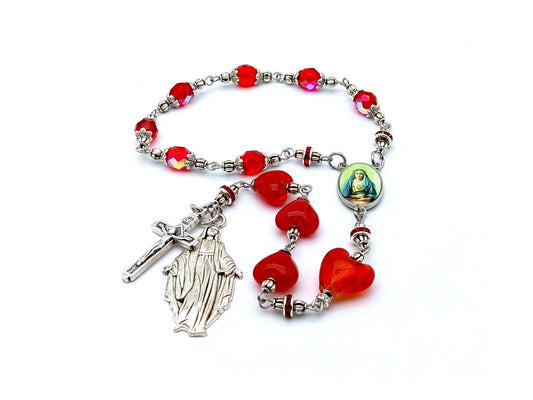 Our Lady of Sorrows unique rosary beads prayer chaplet with red glass heart beads, Our Lady of Grace picture centre medal and metal end medal.