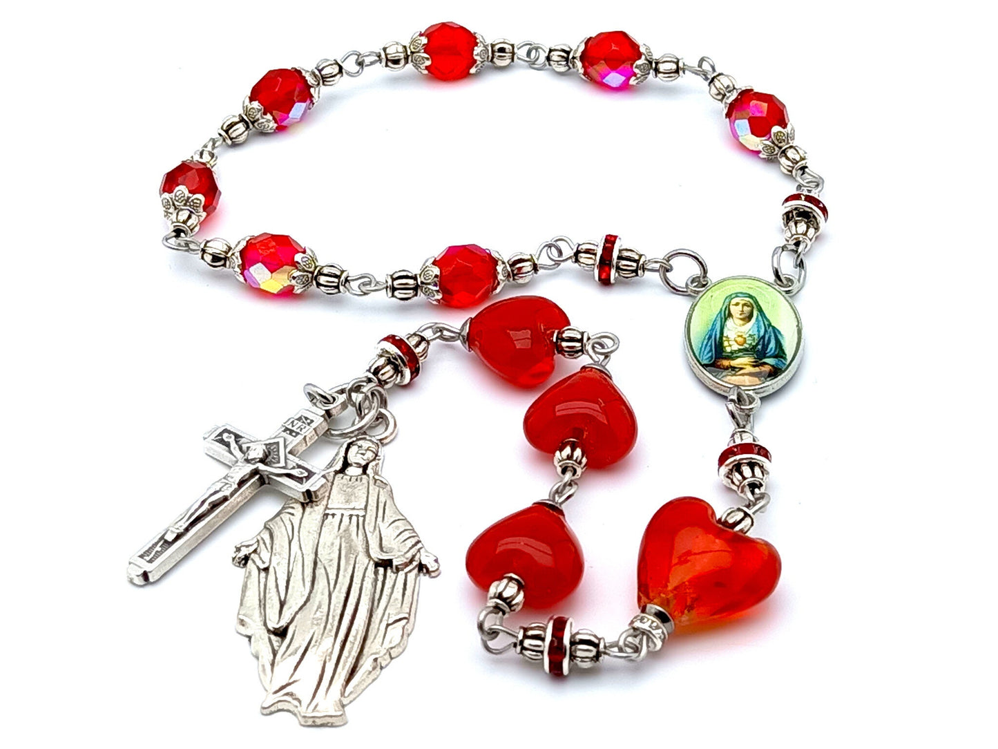 Our Lady of Sorrows unique rosary beads prayer chaplet with red glass heart beads, Our Lady of Grace picture centre medal and metal end medal.