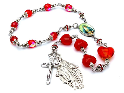 Our Lady of Sorrows unique rosary beads prayer chaplet with red glass heart beads, Our Lady of Grace picture centre medal and metal end medal.