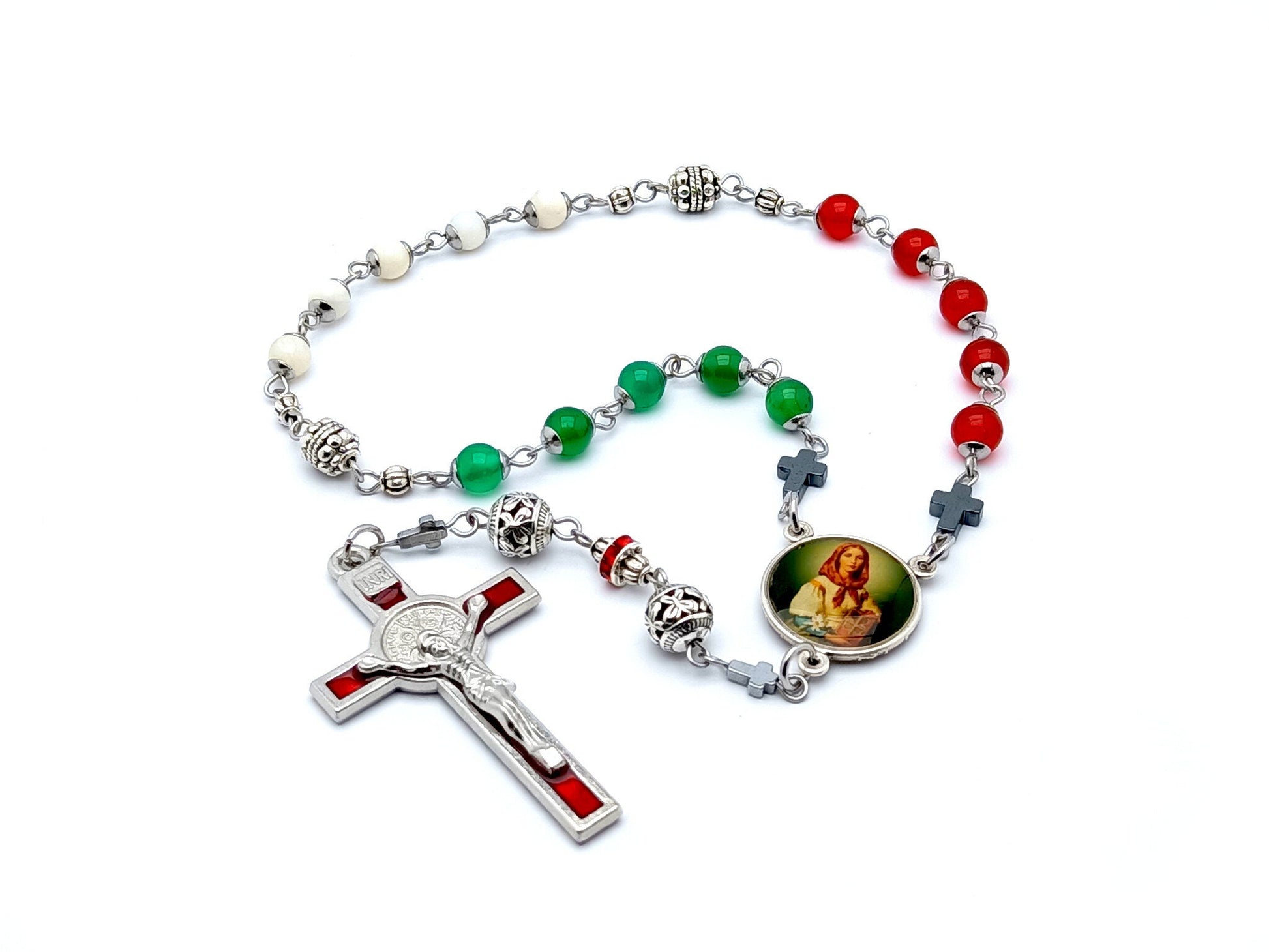 Saint Dymphna unique rosary beads prayer chaplet with red jasper, green jade and mother of pearl beads, stainless steel picture medal and red enamel crucifix.