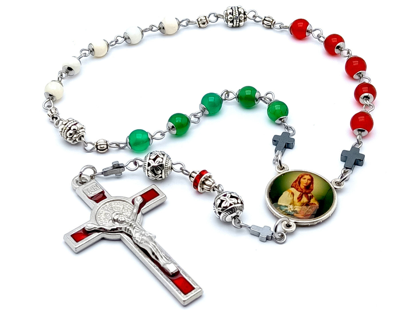 Saint Dymphna unique rosary beads prayer chaplet with red jasper, green jade and mother of pearl beads, stainless steel picture medal and red enamel crucifix.