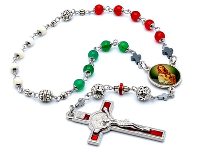 Saint Dymphna unique rosary beads prayer chaplet with red jasper, green jade and mother of pearl beads, stainless steel picture medal and red enamel crucifix.