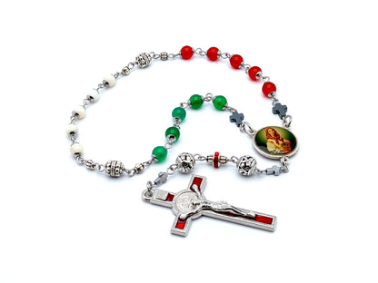 Saint Dymphna unique rosary beads prayer chaplet with red jasper, green jade and mother of pearl beads, stainless steel picture medal and red enamel crucifix.