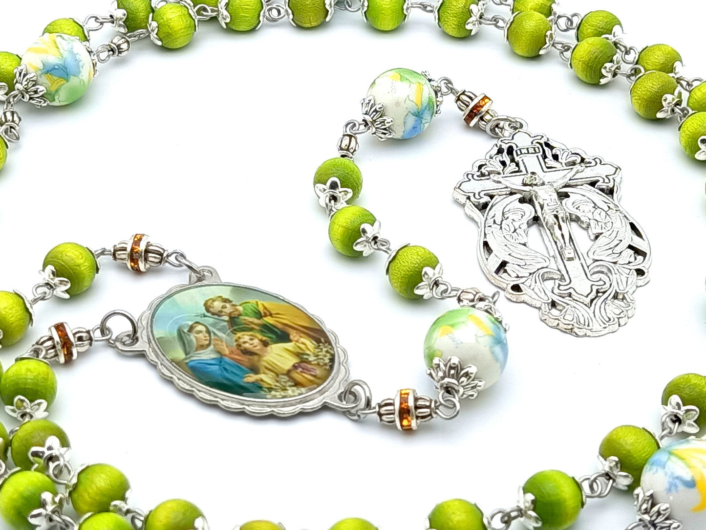Holy Family unique rosary beads with green wooden and floral porcelain beads, silver two Marys crucifix and picture centre medal.