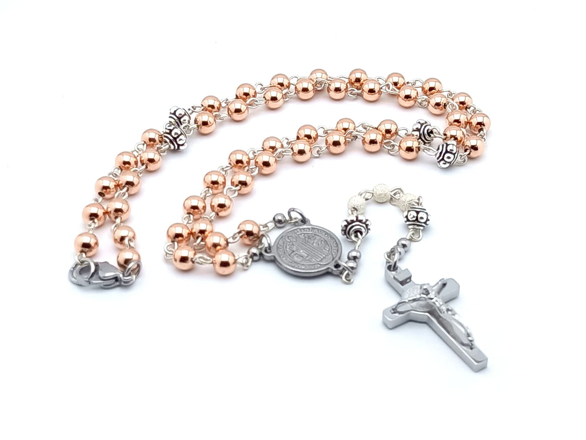 Genuine sterling silver rose gold rosary bead necklace with stainless steel saint Benedict centre medal and crucifix with 925 silver