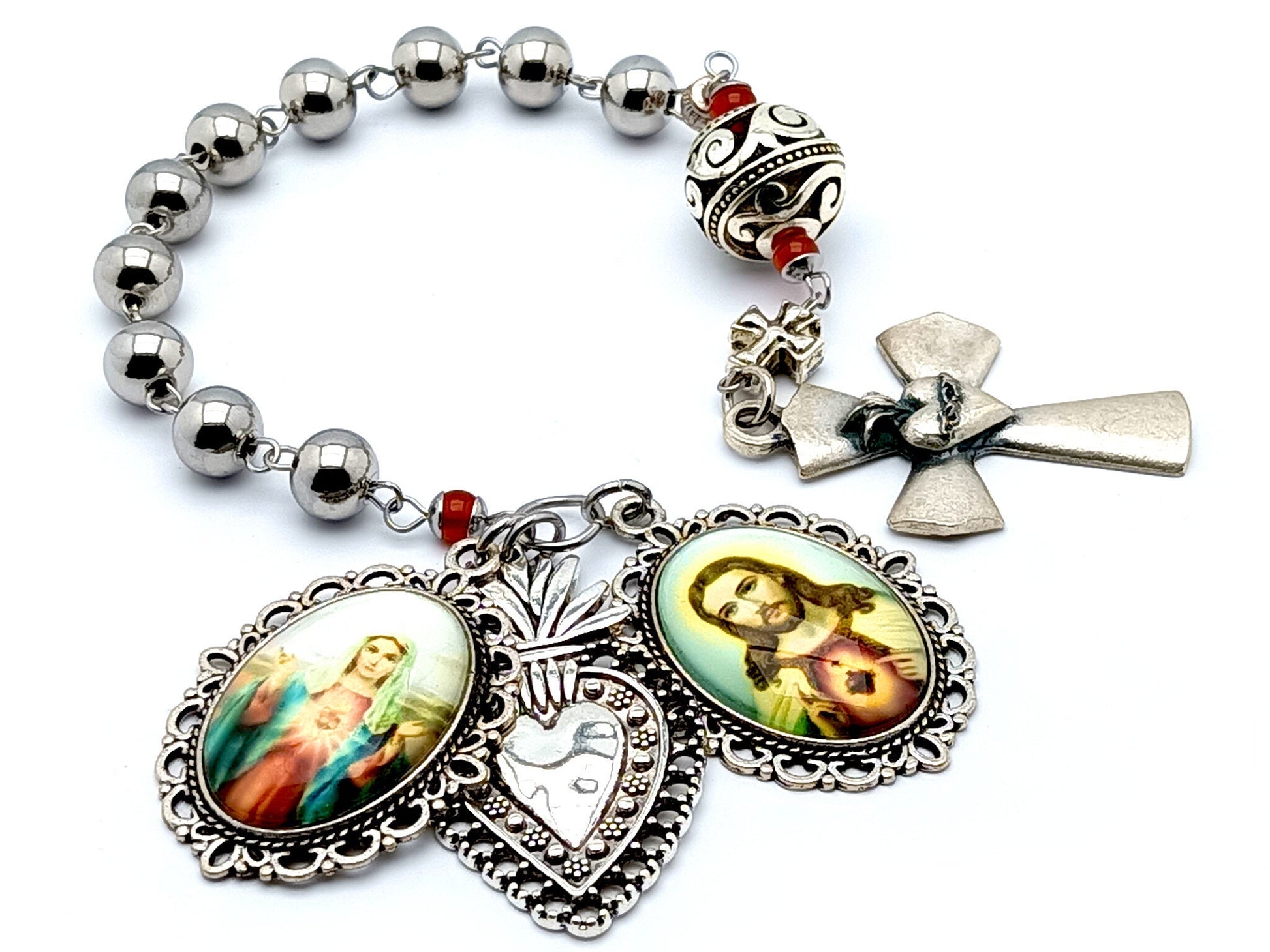 Sacred Heart of Jesus and Immaculate heart of Mary unique rosary beads single deacde rosary with stainless steel beads and Sacred Heart crucifix and medals.