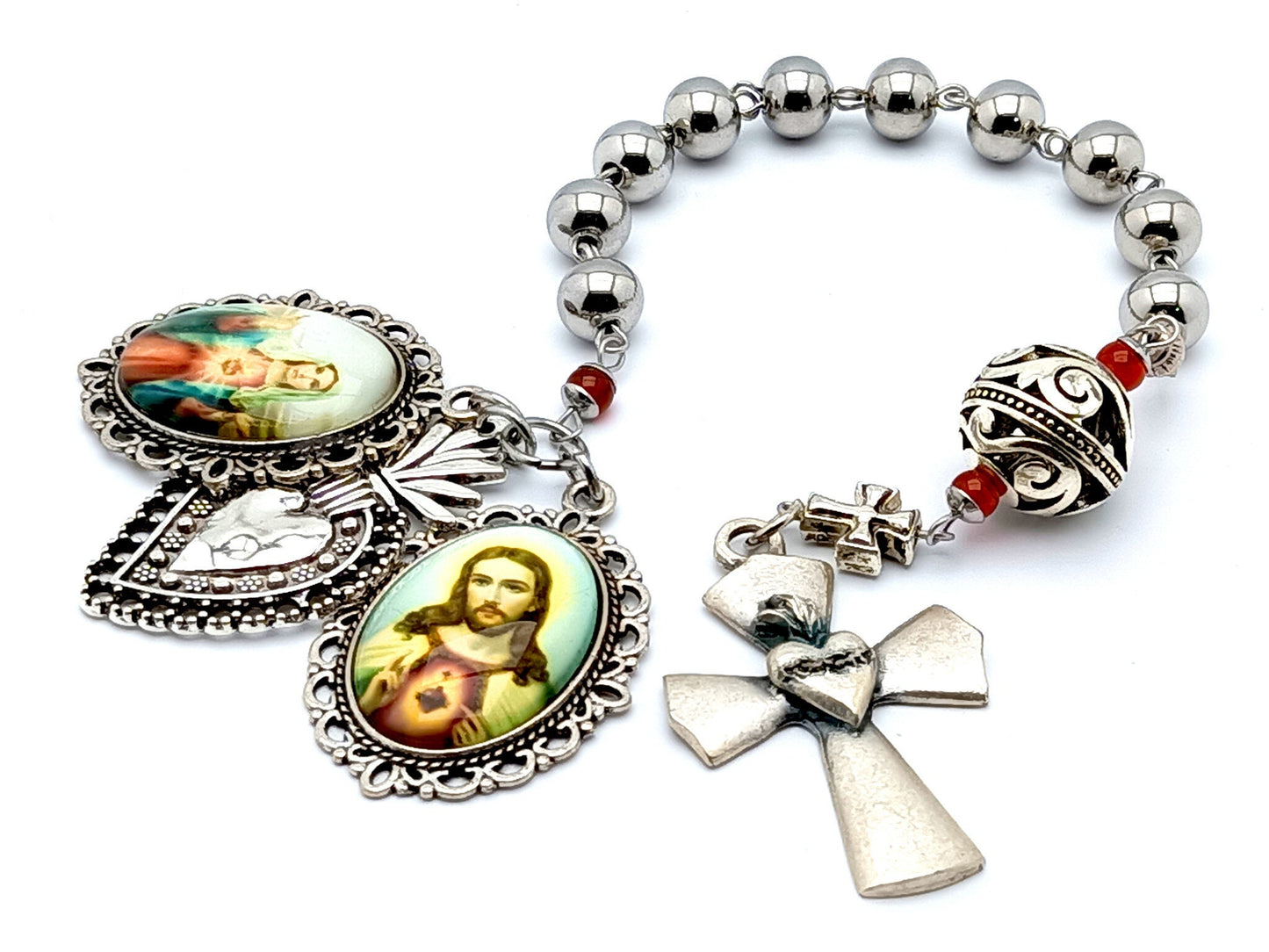 Sacred Heart of Jesus and Immaculate heart of Mary unique rosary beads single deacde rosary with stainless steel beads and Sacred Heart crucifix and medals.