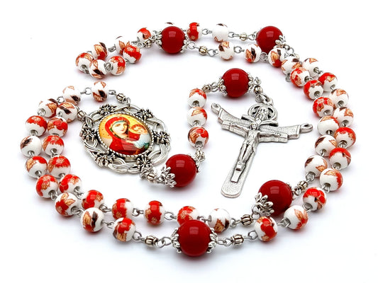 Our Lady of Perpetual Help unique rosary beads with red floral porcelain and red gemstone beads, silver Trinity crucifix and silver picture centre medal.