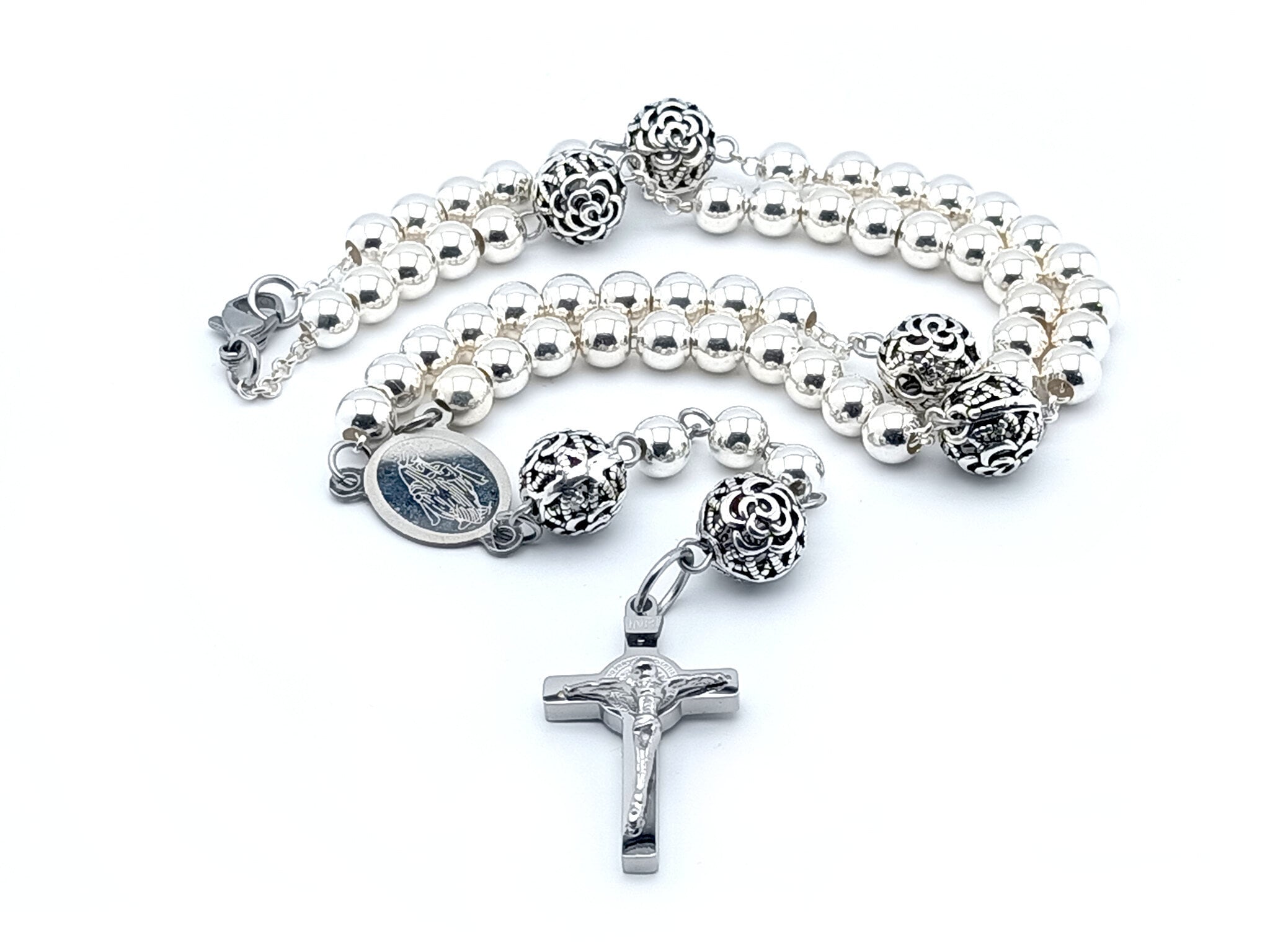 Our Lady of Grace unique rosary beads 925 sterling silver rosary necklace with stainless steel Saint Benedict crucifix and etched medal.
