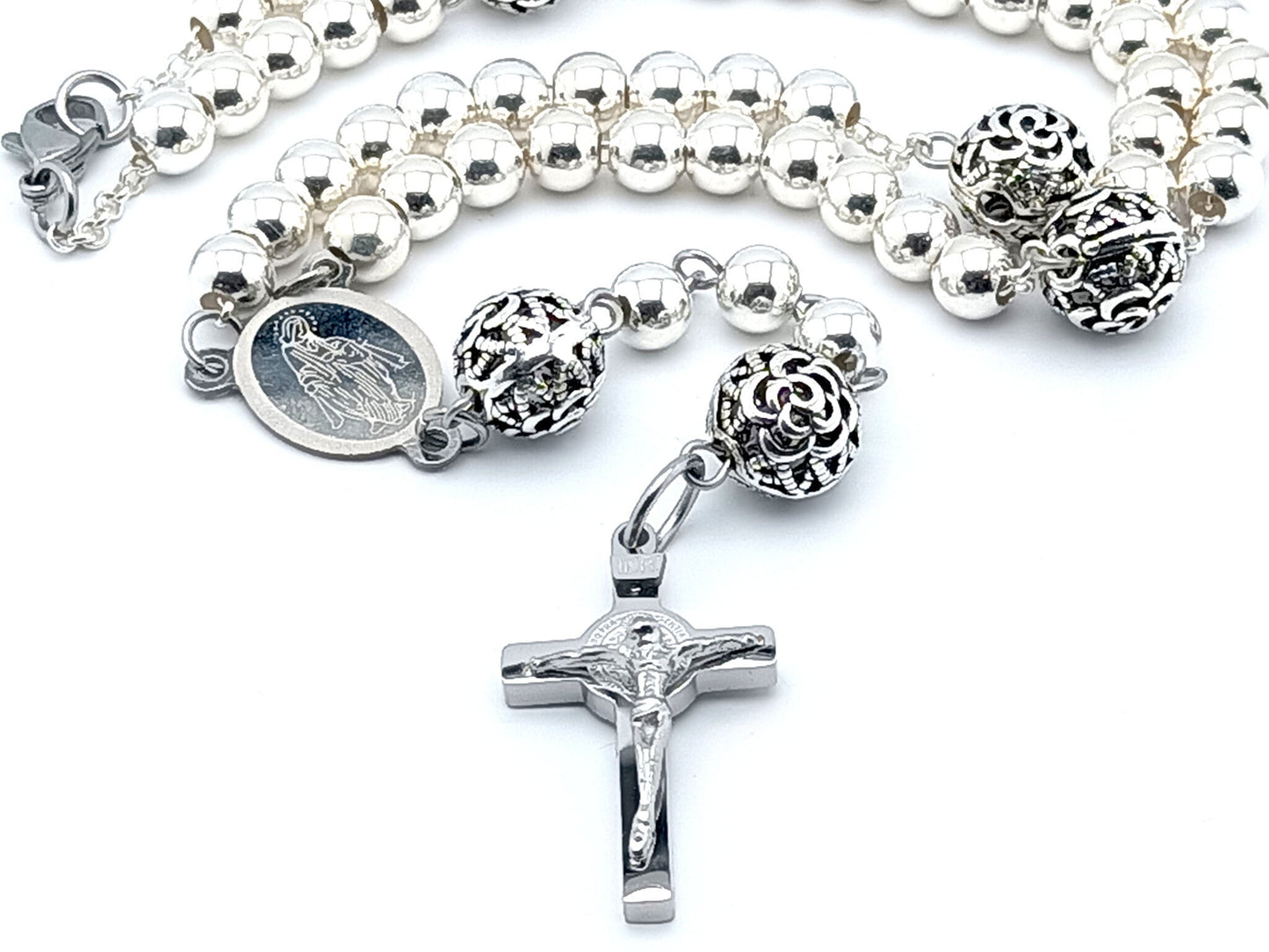 Our Lady of Grace unique rosary beads 925 sterling silver rosary necklace with stainless steel Saint Benedict crucifix and etched medal.