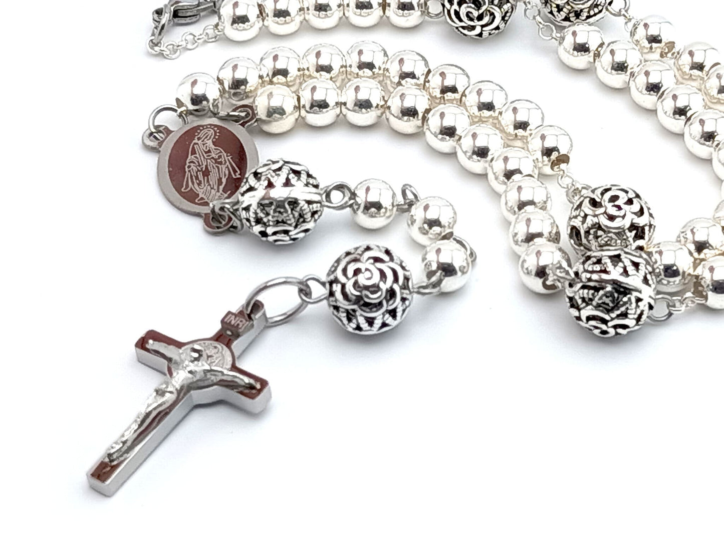 Our Lady of Grace unique rosary beads 925 sterling silver rosary necklace with stainless steel Saint Benedict crucifix and etched medal.