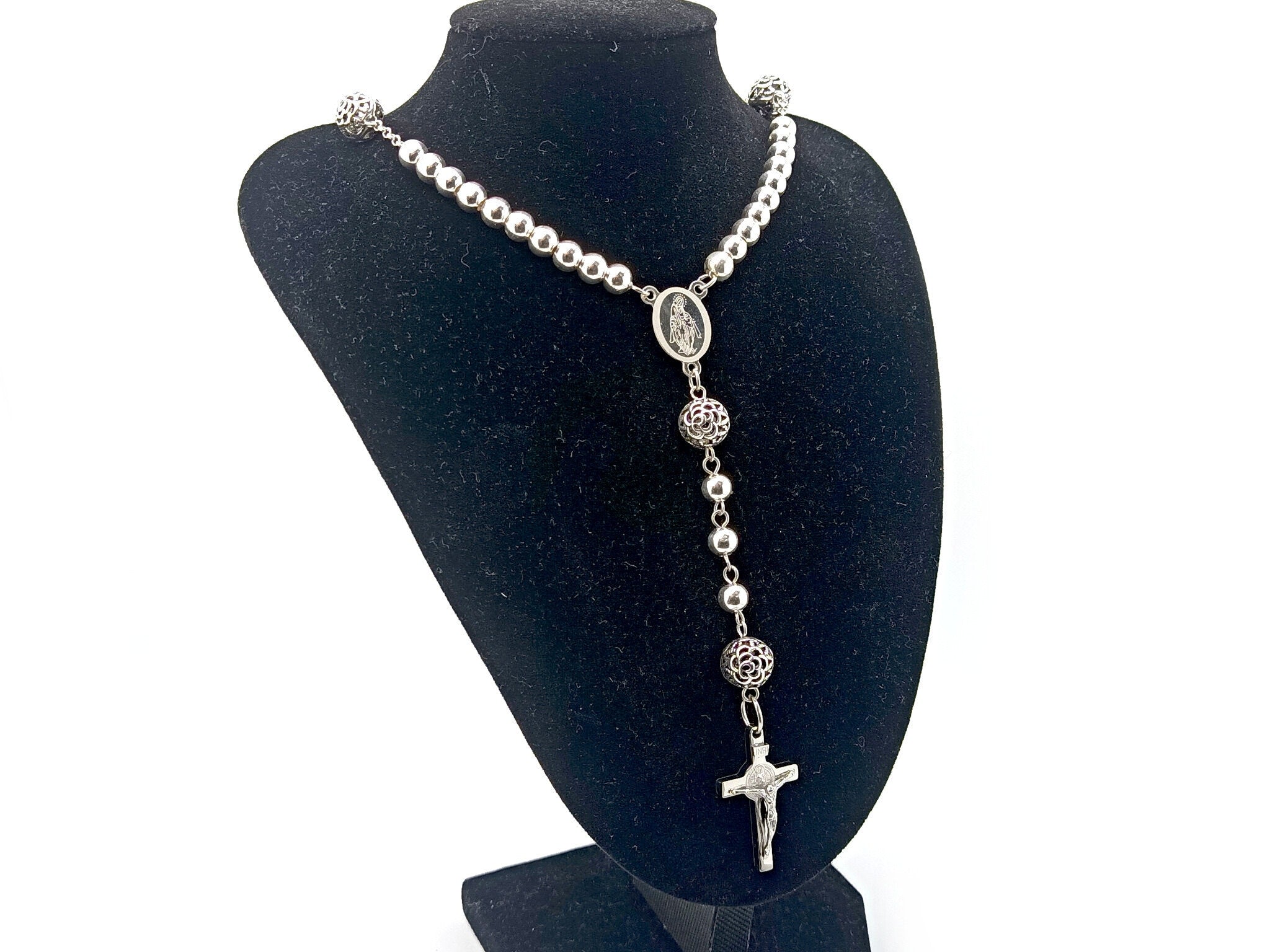 Our Lady of Grace unique rosary beads 925 sterling silver rosary necklace with stainless steel Saint Benedict crucifix and etched medal.