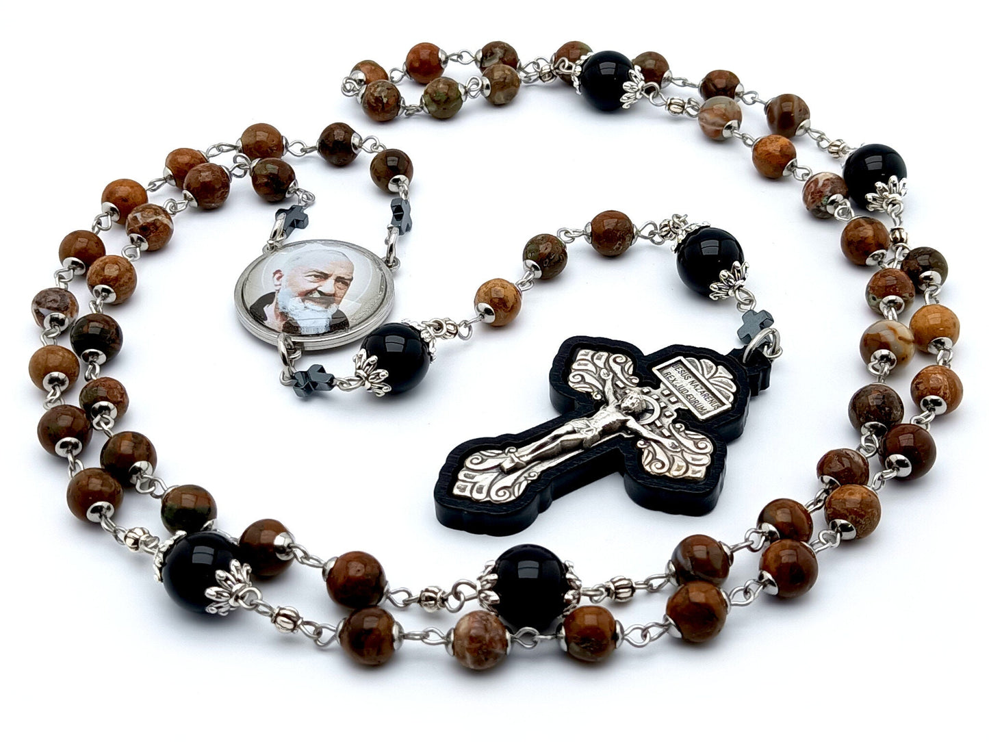 Saint Padre Pio unique rosary beads with nartural dark gemstone and onyx beads, Pardon crucifix embedded in dark wood and stainless steel picture centre medal.